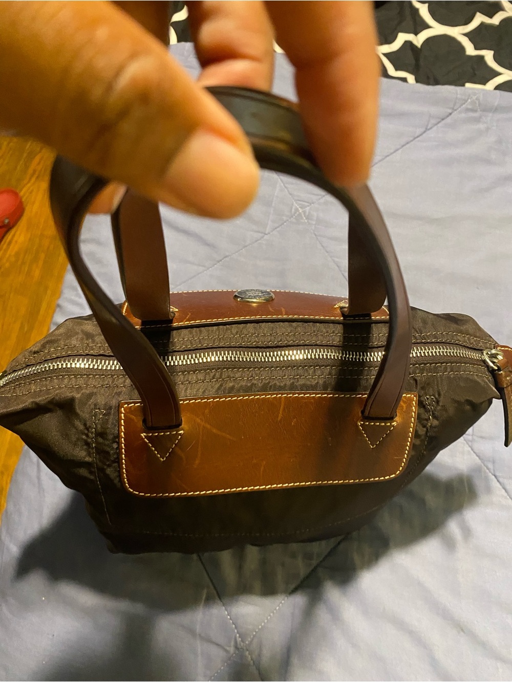 Authentic Dooney & Bourke Dark Brown Nylon Tote with Brown Leather Trim - Picture 3 of 6
